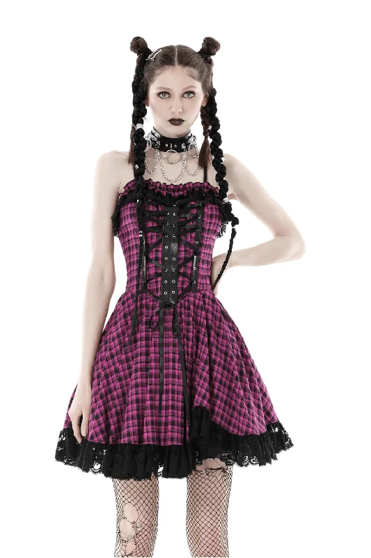 Gothic Punk Plaid Lace-Up Dress with Ruffled Hem Lace Wedding Dress