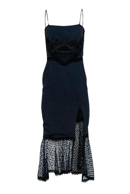 Jonathan Simkhai - Navy Strapless Mermaid Gown w/ Black Lace Trim Sz 4 Lace Dress Flare