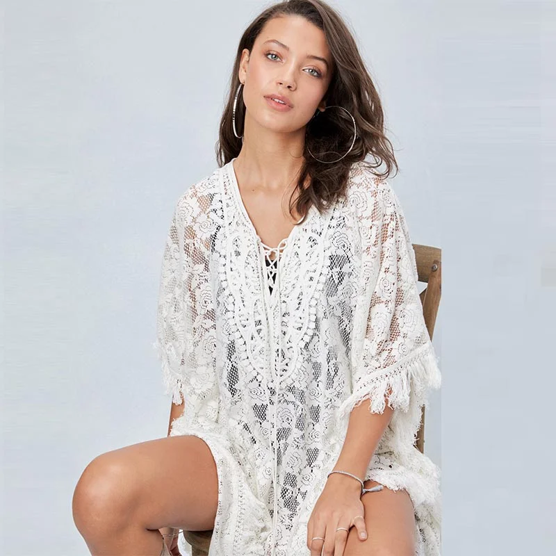 Lace Loose Fringed Beach Wear #Lace #White #Fringed Lace Dress Flare