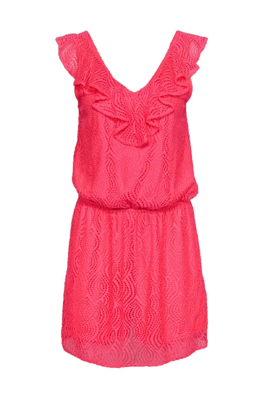 Lilly Pulitzer - Neon Pink Eyelet Lace Ruffle Neck Dress Sz M Lace Evening Gown