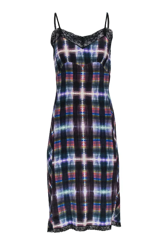 Nicole Miller - Multicolored Plaid Sleeveless Slip Dress w/ Lace Trim Sz XS Lace Dress Vibe