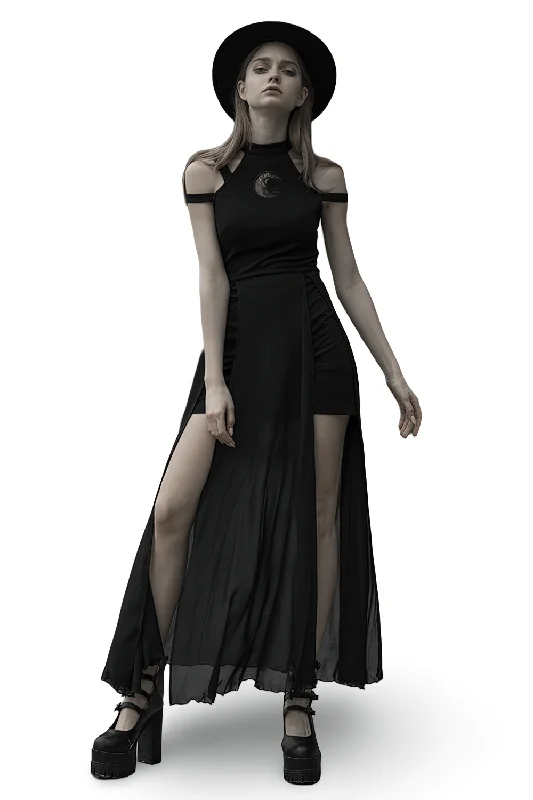 Punk Rave Gothic Crescent Moon Embroidered Lace Dress Lace Dress Set