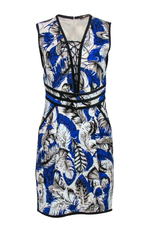 Roberto Cavalli - Black, Blue & White Tropical Printed Lace-Up Sheath Dress Sz 4 Elegant Lace Gown