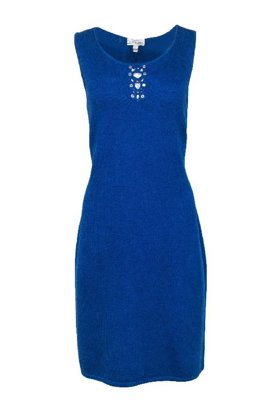 St. John - Cobalt Blue Knit Dress w/ Front Lace-Up Cutouts Sz L Off-shoulder Lace Dress