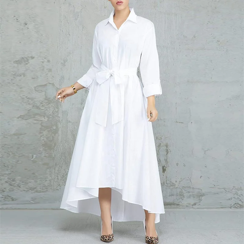 Trendy Lace-up White Ankle Length Dress w/Belt #Lace-Up #Turndown Collar Lace Dress Lace