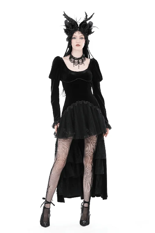 Women's Black Velvet Gothic High-Low Lace Hem Dress Sexy Lace Gown