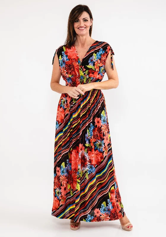 Seventy1 Stripe & Floral Maxi Dress, Black & Coral Multi Pleated Maxi Skirt