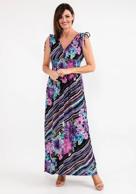 Seventy1 Stripe & Floral Maxi Dress, Black & Lilac Multi Flowy Maxi Skirt