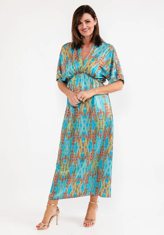 Seventy1 One Size Dome Waist Satin Maxi Dress, Turquoise Button-up Maxi Skirt