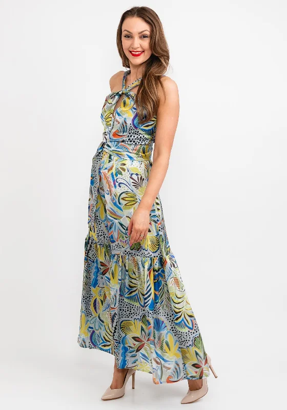 Camelot Halter Neck Leaf Print Satin Maxi Dress, Green Multi Soft Maxi Skirt