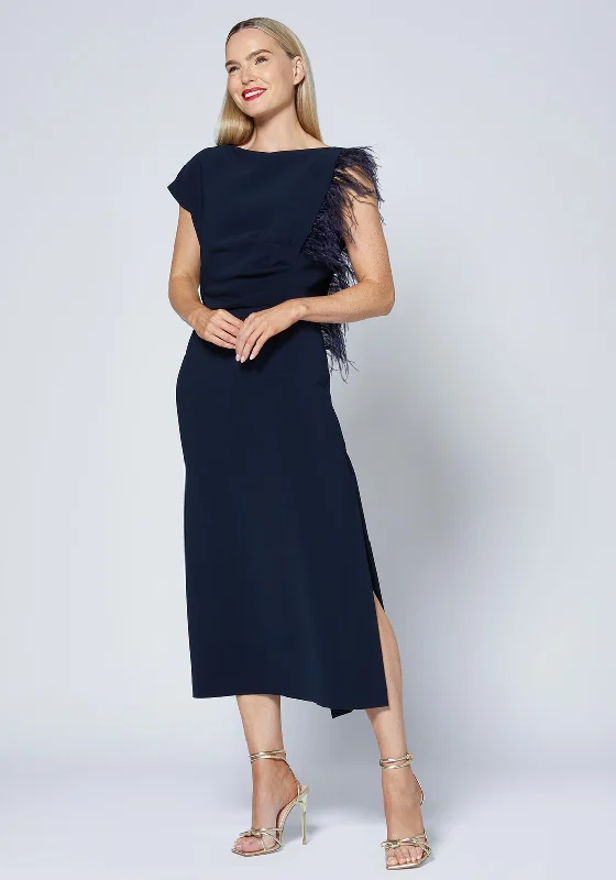 Caroline Kilkenny Trish Feather Shoulder Maxi Dress, Navy Flowy Maxi Skirt