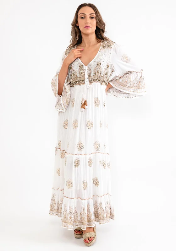 Seventy1 One Size Embellished Smock Maxi Dress, White Lace Detail Maxi