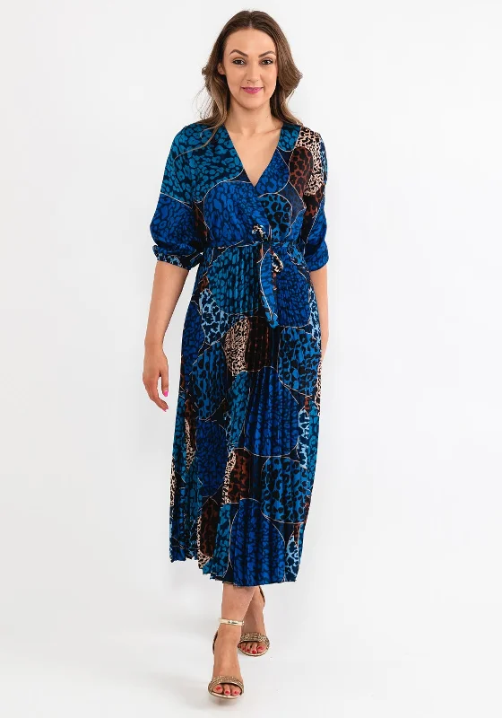 Seventy1 One Size Leopard Print Pleat Maxi Dress, Royal Blue Summer Beach Maxi