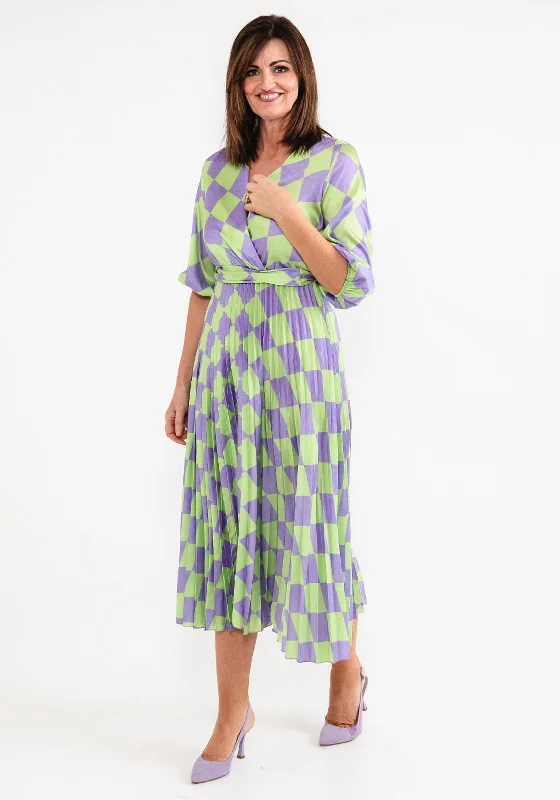 Seventy1 One Size Check Print Pleat Maxi Dress, Green & Lilac V-neck Maxi Skirt