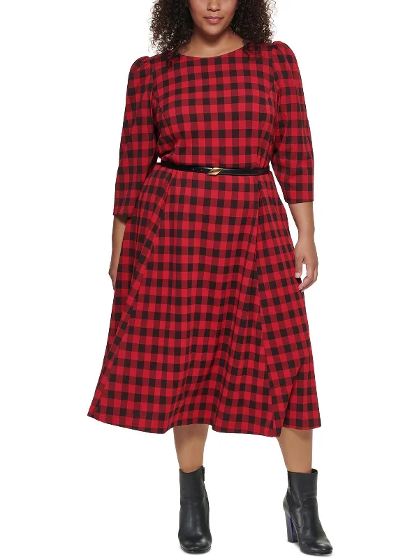 Plus Womens Checkered Calf Midi Dress Pleated Midi Skirt