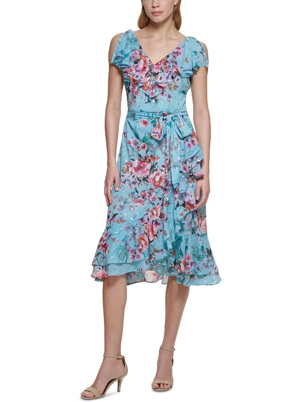 Womens Floral Calf Midi Dress Silk Midi Skirt