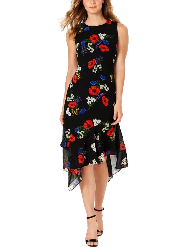 Womens Floral Print Ruffled Midi Dress Slim Fit Midi