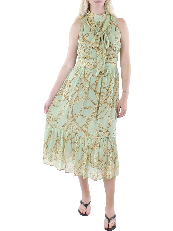 Womens Georgette Printed Midi Dress Pleated A-line Skirt