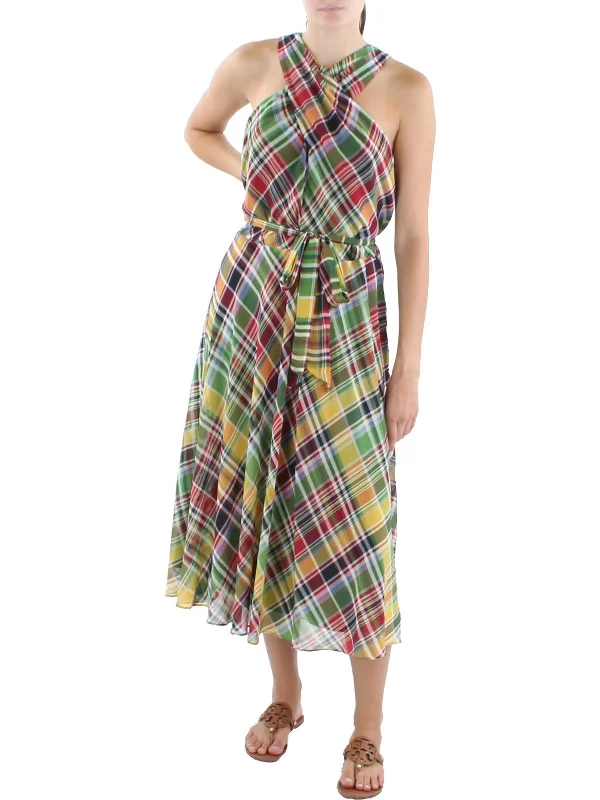 Womens Plaid Midi Halter Dress Fashion Midi Skirt