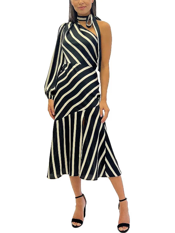 Womens Satin Striped Midi Dress Classic A-line Skirt