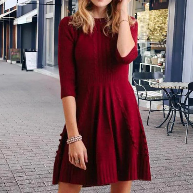 Cable Knitted Sweater A Line Dress Flared Sweater Dress