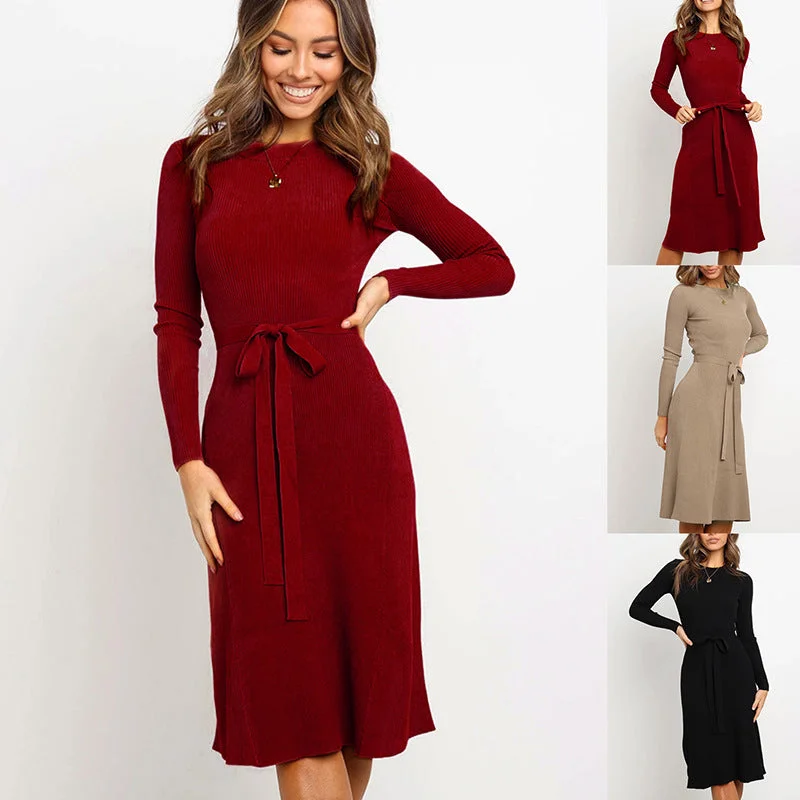 Casual Long Sleeve Belt Plain Sweater Dress Layered Sweater Dress