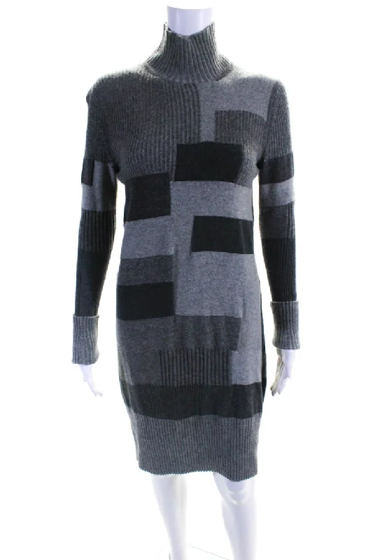 Chloe Womens Long Sleeve Ribbed Trim Mock Neck Sweater Dress Gray Sweater Dress Casual