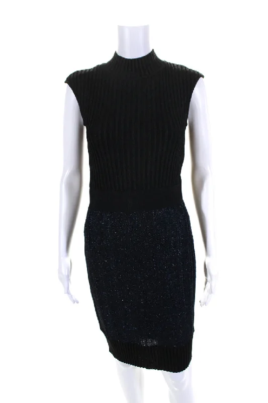 Herve Leger Womens Ribbed Sleeveless Sweater Dress Black Navy Blue Simple Sweater Dress