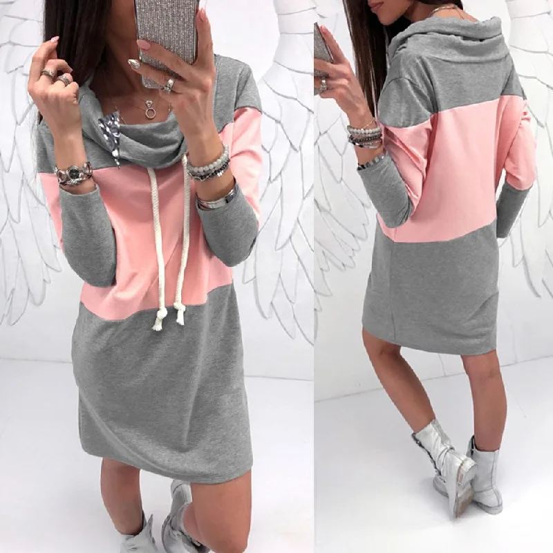 High Collar Grey Powder Matching Sweater Dress Long Sleeve Knit Dress