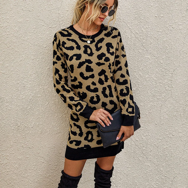 Leopard Slim Short Sweater Dress Chunky Knit Sweater