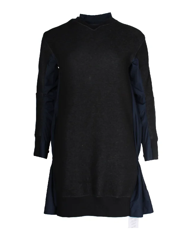 Sacai Sweater Dress with Poplin Back in Black and Navy Blue Cotton Cozy Sweater Gown