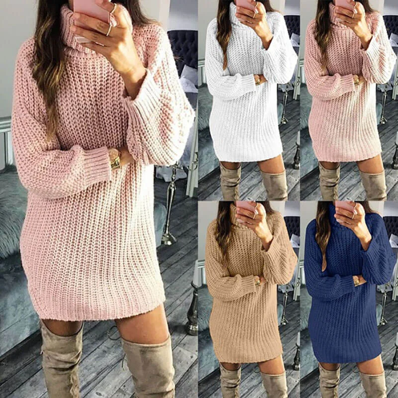 Turtleneck Loose Soild Sweater Dress Cozy Knit Sweater Dress