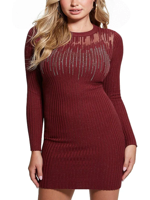 Womens Rhinestones Mesh Sweaterdress Sweater Dress Look