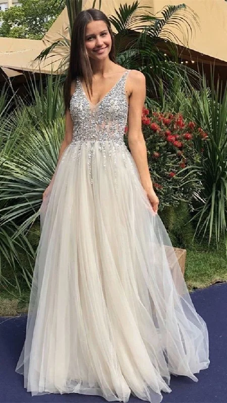 A-Line V Neck Backless Beaded Ivory Prom Dresses Sequins Backless Formal Dresses,DP582 Colorful Sequin Dress