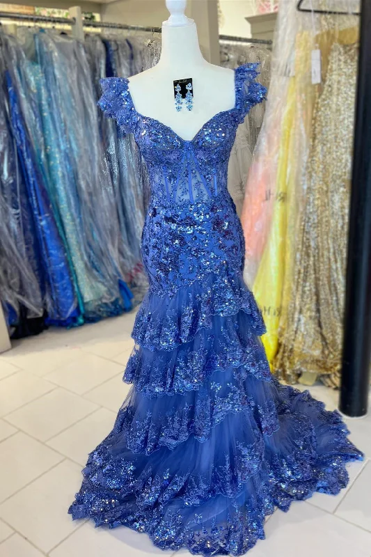 Blue Sequined Mermaid Layers Flutter Sleeves Long Prom Dress with Slit Beautiful Sequin Dress