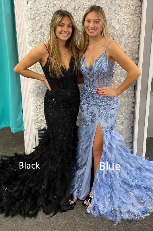 Blue Tulle Sequin V-Neck Mermaid Long Prom Gown with Feathers,DP819 Black Sequin Gown