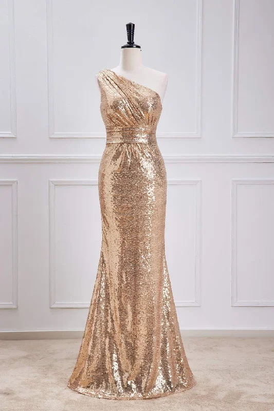 Champagne One Shoulder Sequins Mermaid Long Prom Dress V-neck Sequin Dress