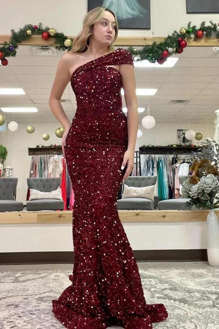 Chic Sequins One Shoulder Sleeveless With Train Trumpet Prom Dress Sequin Dress Vibe