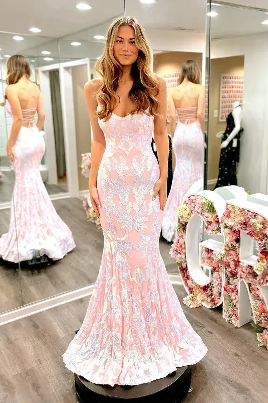 Blush Pink Cute Mermaid Scoop Neck Satin Prom Dresses with Sequins Lace,DP724 Glam Sequin Dress