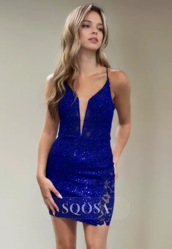 Sexy V neck Sequins Appliques Short Homecoming Dress Short Graduation Dress Strapless Sequin Dress