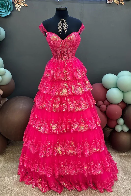 Fuchsia Sequined Off-Shoulder A-line Layers Long Prom Dress Sequin Dress Night