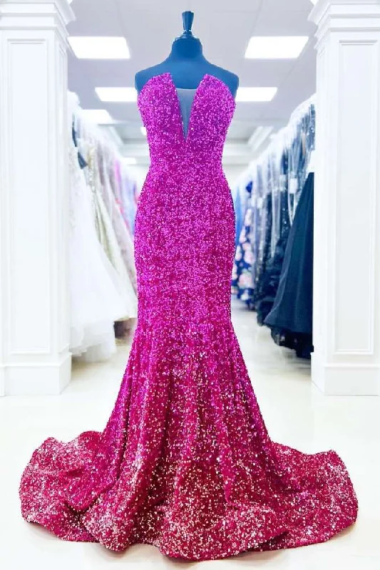 Fuchsia Strapless V-Neck Sequin Mermaid Long Prom Dress Vintage Sequin Dress