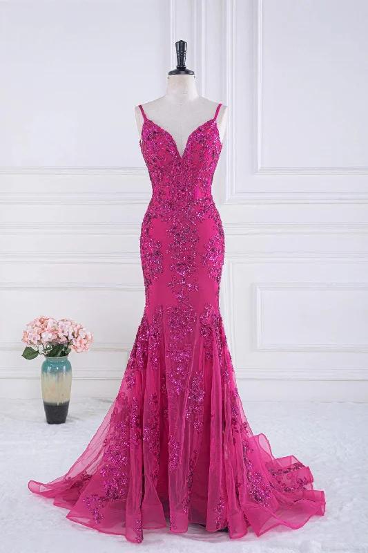 Fuchsia V Neck Sequined Mermaid Slip Long Prom Dress Sequin Dress Style