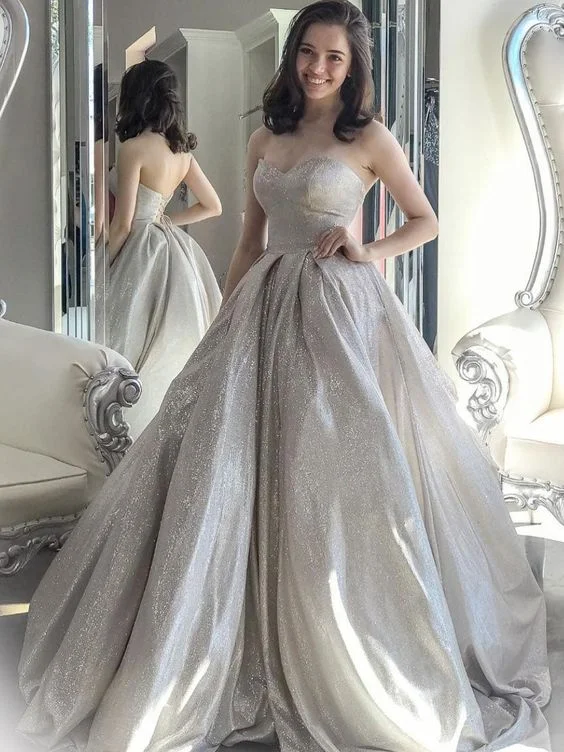 Gray Sweetheart Neck Tulle Sequin Long Prom Dress Gray Formal Dress,DP647 Sequin Shift Gown