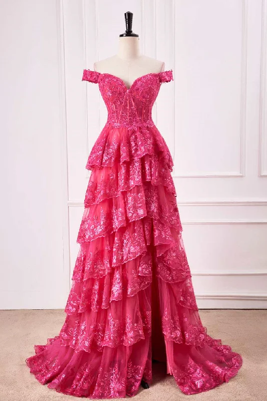 Hot Pink Off-Shoulder Sequined Layers A-line Long Prom Dress with Slit Party Wear Sequin