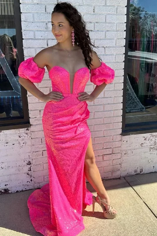 Hot Pink Sequins Detachable Sleeves Long Prom Dresses with Slit,DP638 Plus Size Sequin