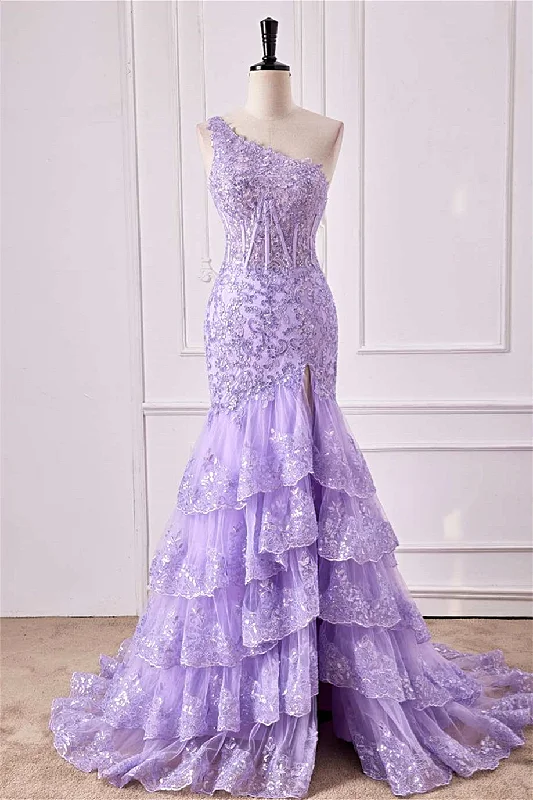 Lavender One Shoulder Sequined Mermaid Layers Long Prom Dress with Slit Floor-length Sequin Dress