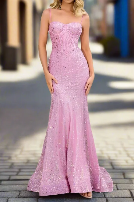 Mermaid Sweetheart Spaghetti Straps Sequins Long Prom Dress Off-shoulder Sequin