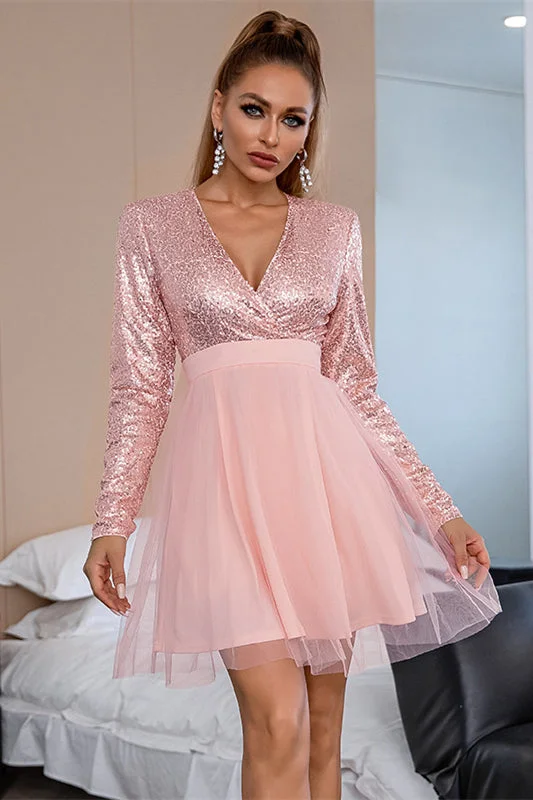 Pink Sequins Surplice Long Sleeves Tulle Homecoming Dress Ruched Sequin Dress