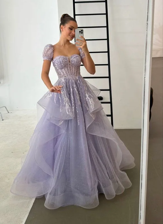 Lilac Beading Sequins Ball Gown Princess A-Line Long Prom Dress with Tulle Ruffles,DP710 Sequin Bodycon Dress